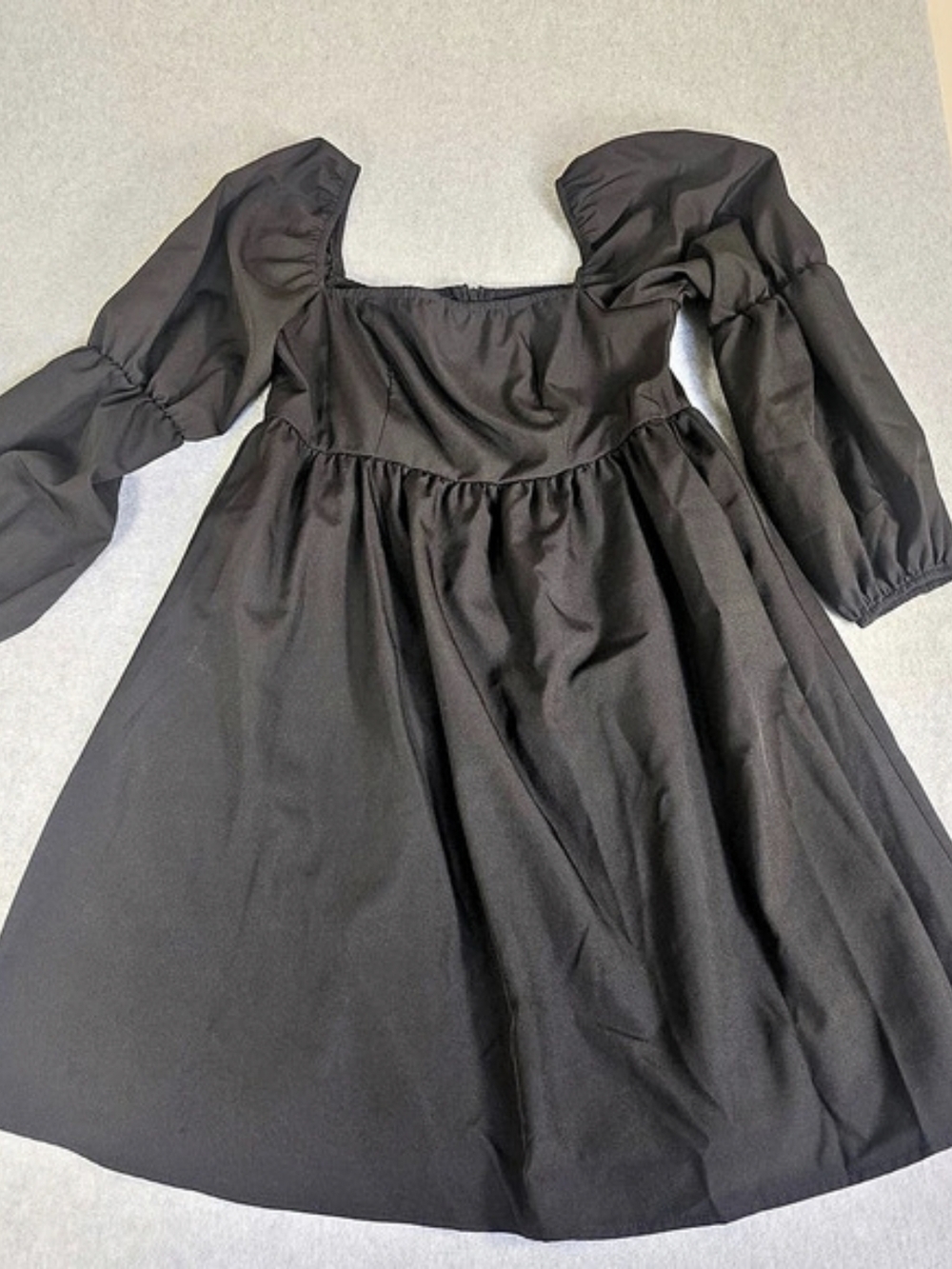 EXLURA Black Square Neck Puff Sleeve Mini Dress Small